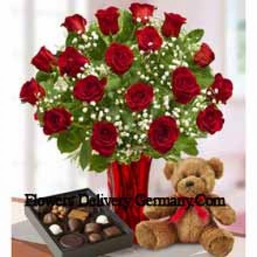 25 Roses with Imported Chocolates and Teddy