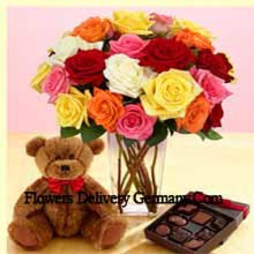 25 Mixed Roses with Cute Teddy and Chocolates