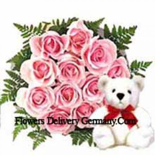 11 Pink Roses with Adorable Teddy