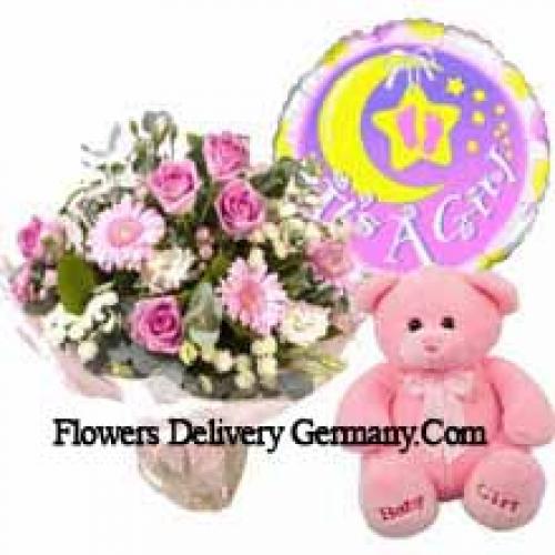 Pink Assorted Flowers with Balloon and Teddy