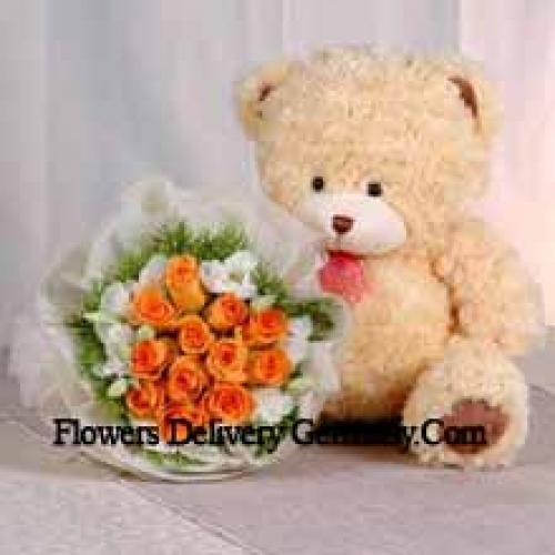 11 Orange Roses with Cute Teddy Bear