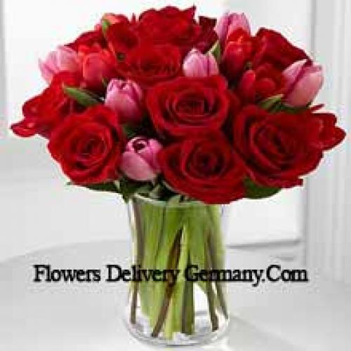 11 Roses and 6 Cute Tulips in Vase