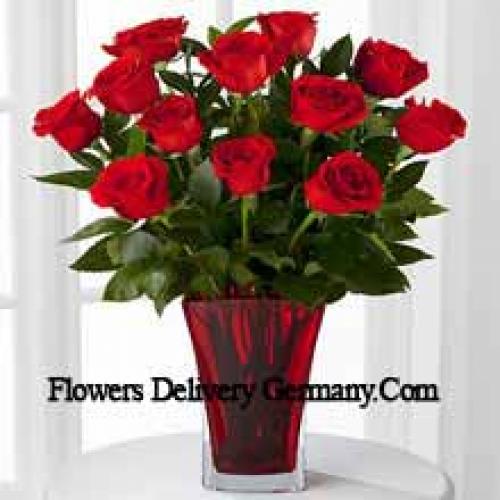 11 Hot Red Roses in Vase