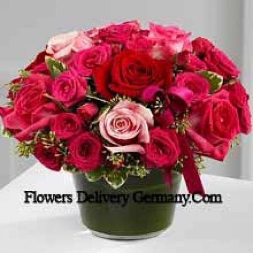 Red and Pink Basket of 25 Roses